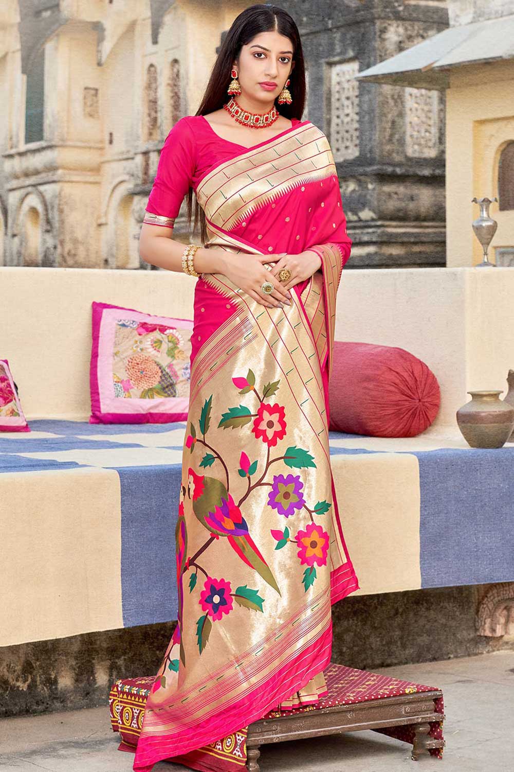 Buy Banarasi Art Silk Zari Woven Saree in Rani Pink Online