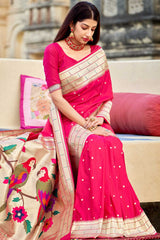 Buy Banarasi Art Silk Zari Woven Saree in Rani Pink - Back