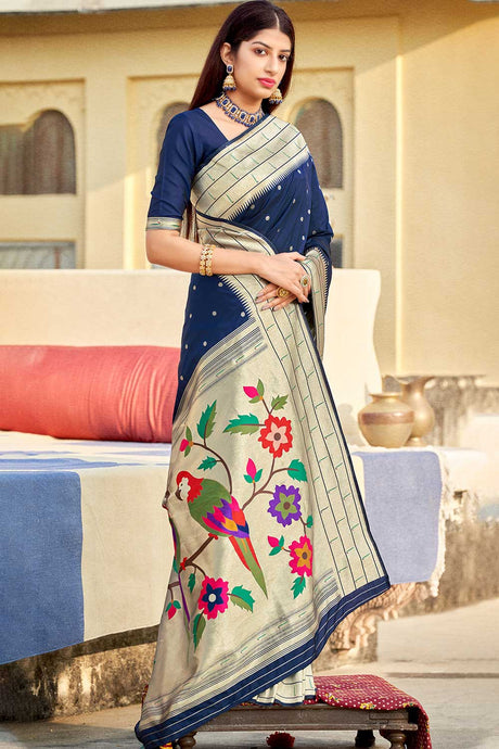 Buy Banarasi Art Silk Zari Woven Saree in Navy Blue Online