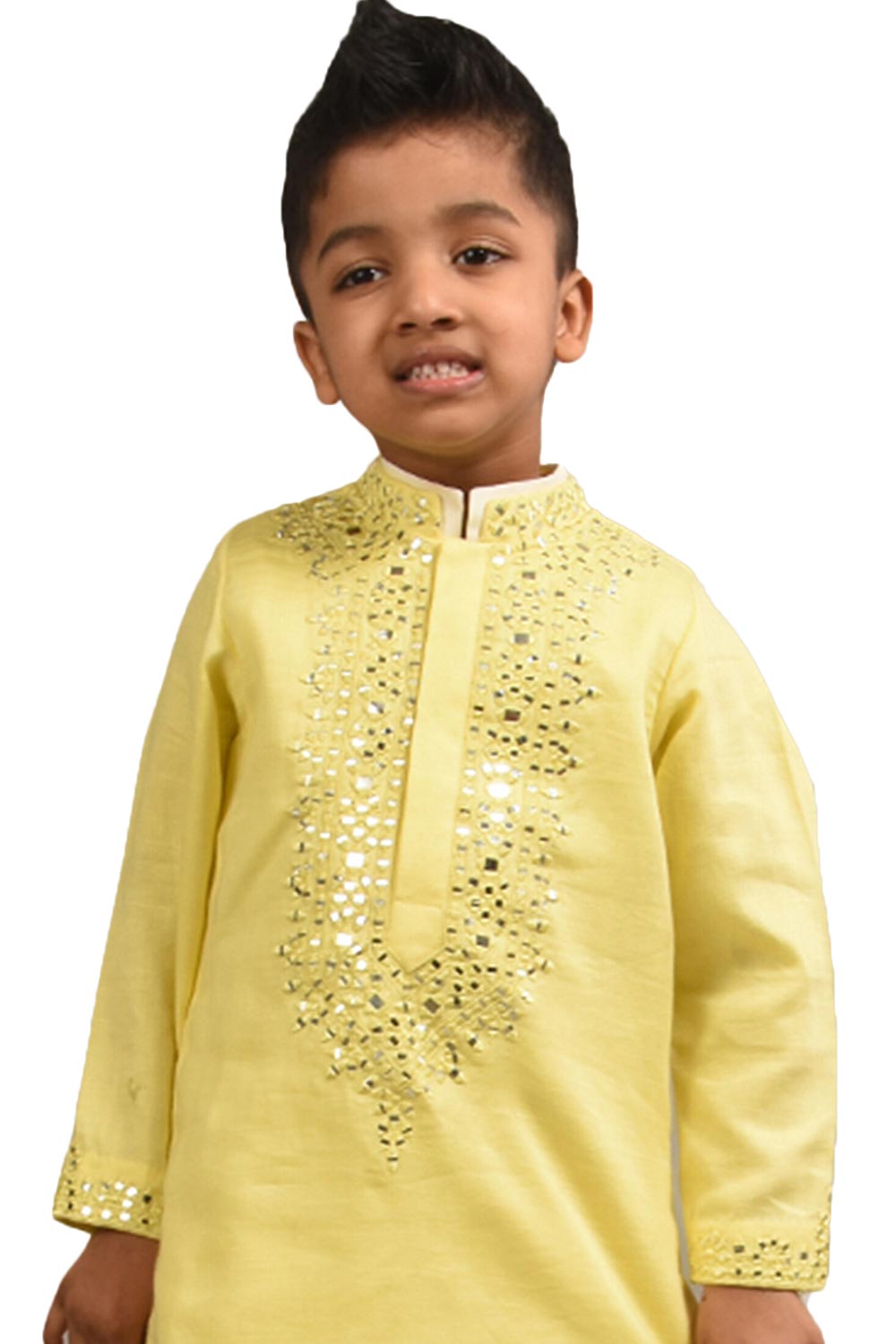 Boys Yellow Silk Neck Mirror Embroidery Kurta Pajama Set