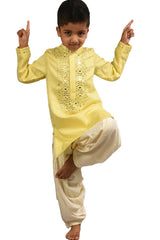 Boys Yellow Silk Neck Mirror Embroidery Kurta Pajama Set