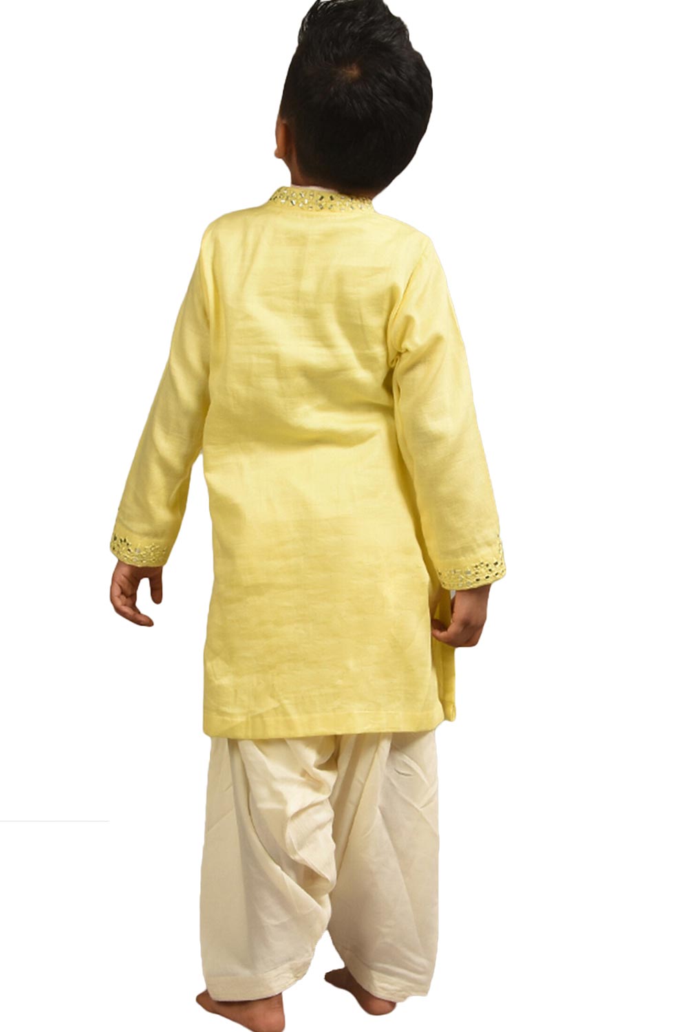 Boys Yellow Silk Neck Mirror Embroidery Kurta Pajama Set