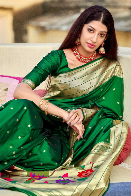 Buy Banarasi Art Silk Zari Woven Saree in Green - Back