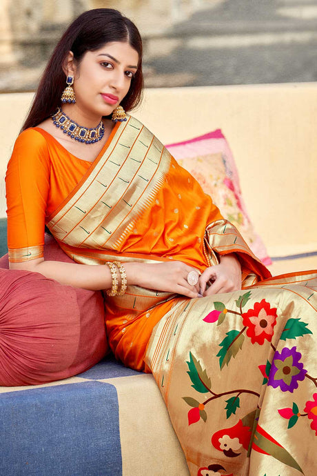 Buy Banarasi Art Silk Zari Woven Saree in Orange - Back