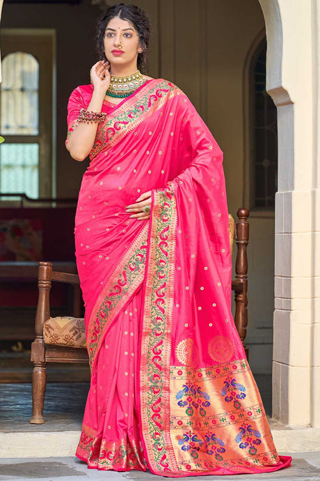 Buy Banarasi Art Silk Zari Woven Saree in Rani Pink Online