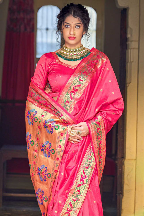 Buy Banarasi Art Silk Zari Woven Saree in Rani Pink - Back