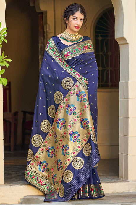 Buy Banarasi Art Silk Zari Woven Saree in Navy Blue Online