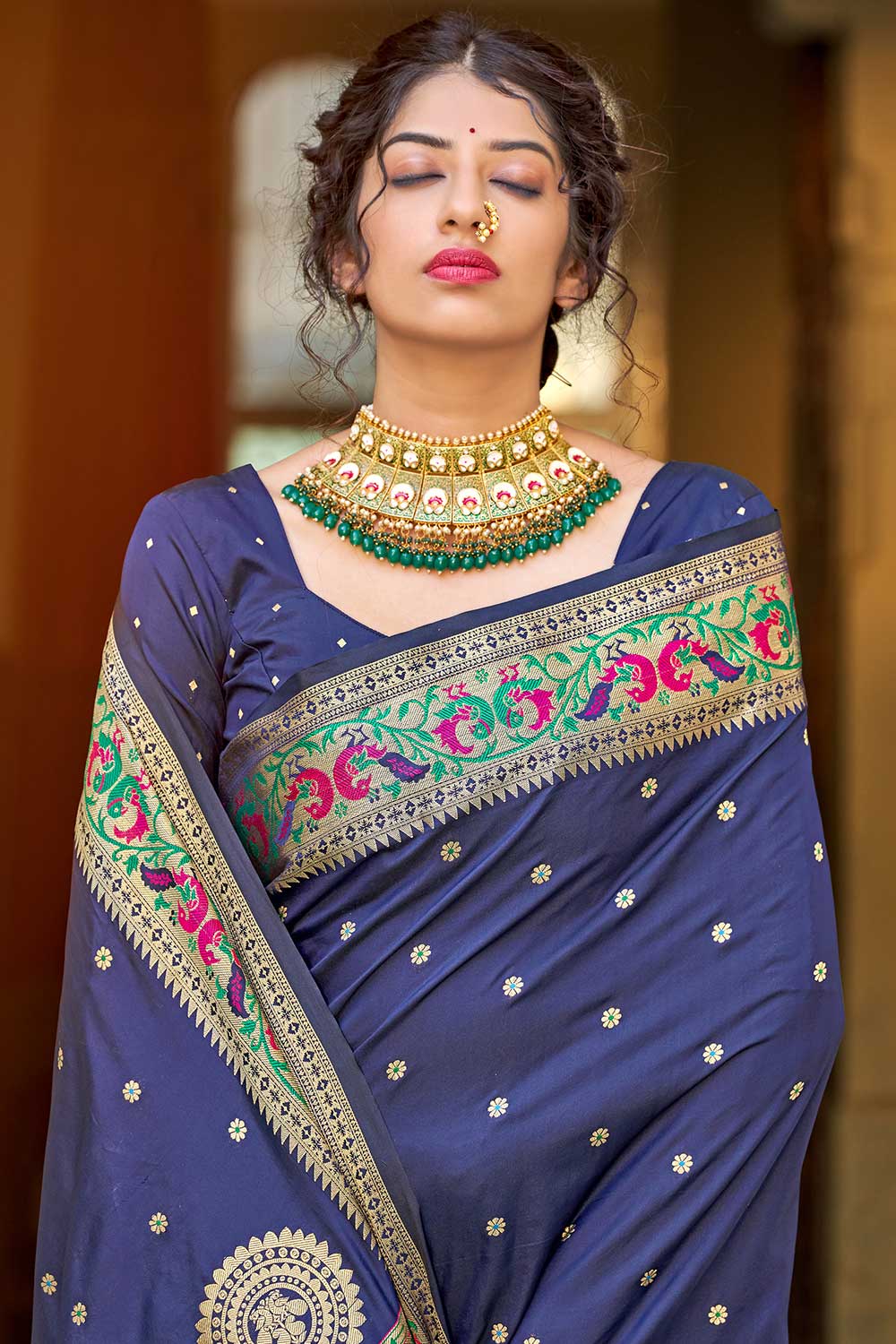 Buy Banarasi Art Silk Zari Woven Saree in Navy Blue - Back