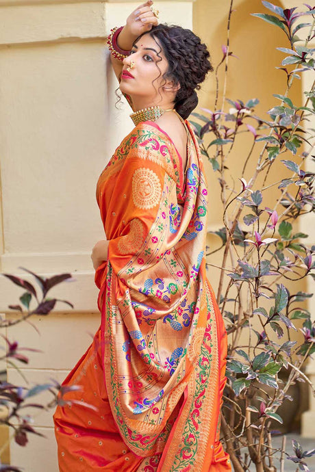 Buy Banarasi Art Silk Zari Woven Saree in Orange - Back