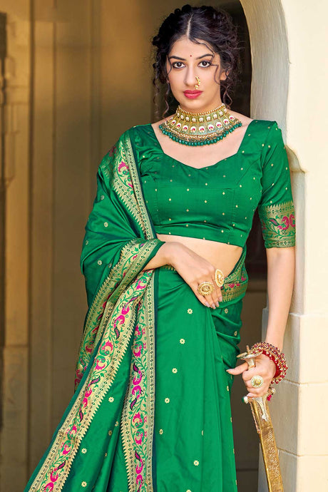 Buy Banarasi Art Silk Zari Woven Saree in Green - Back