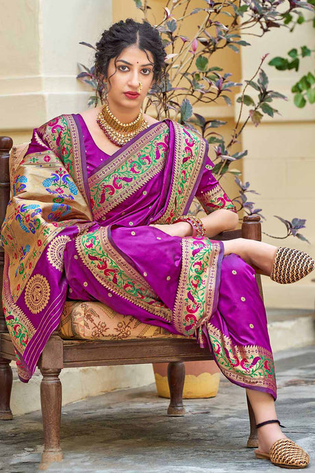 Buy Banarasi Art Silk Zari Woven Saree in Purple - Back