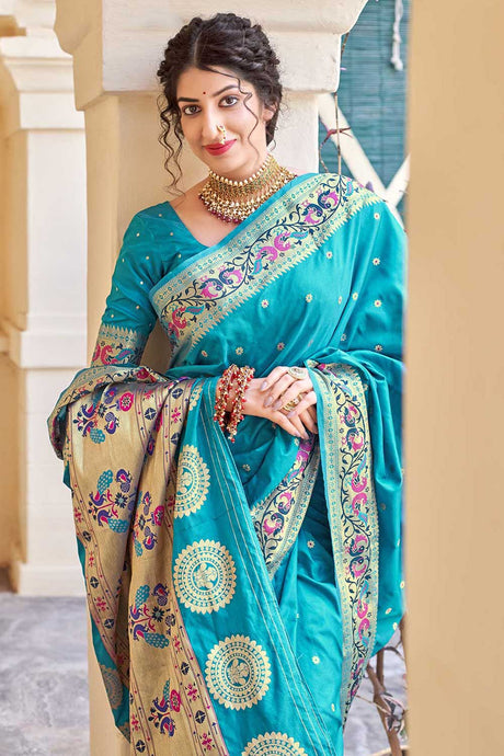 Buy Banarasi Art Silk Zari Woven Saree in Sky Blue - Back