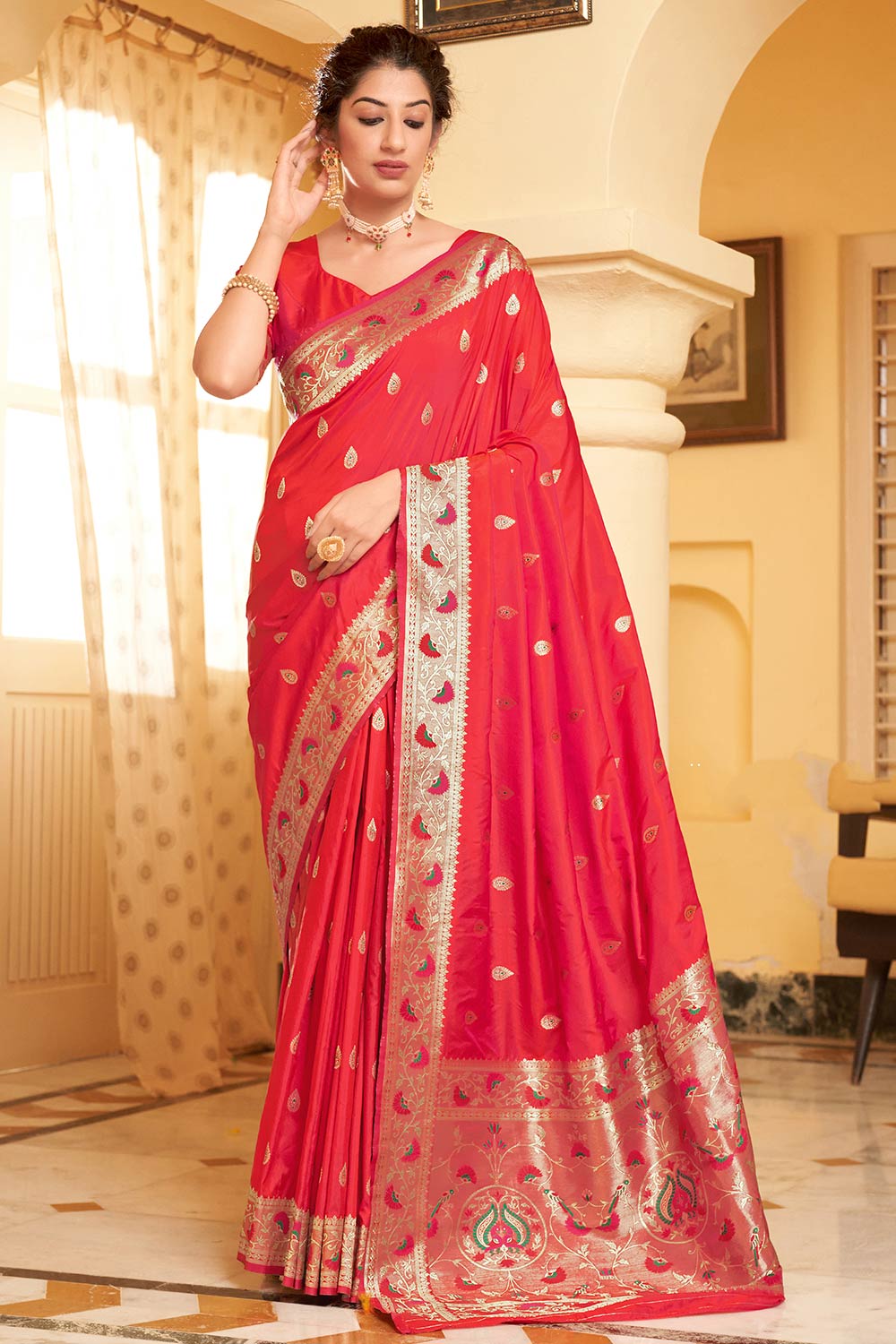 Buy Banarasi Art Silk Saree in Scarlet Red Online - Main