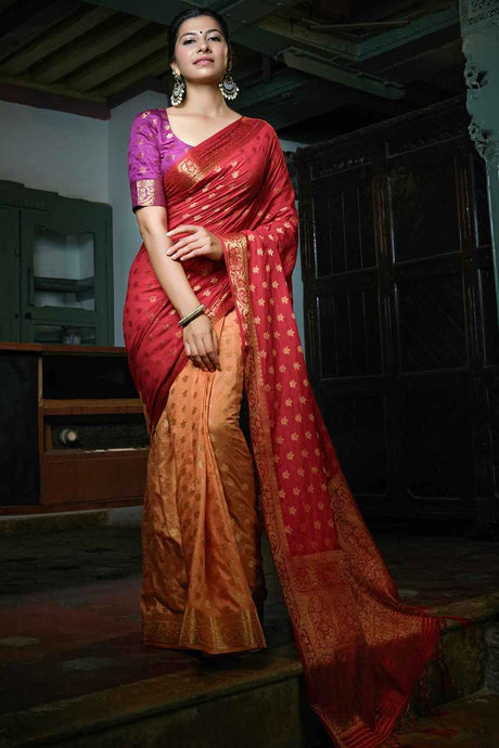 Red And Peach Art Silk Zari Saree