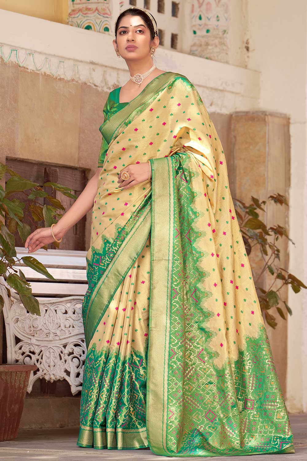 Buy Kanjivaram Art Silk Saree in Cream Online