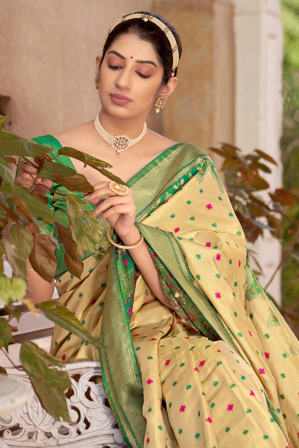 Buy Kanjivaram Art Silk Saree in Cream Online - Front