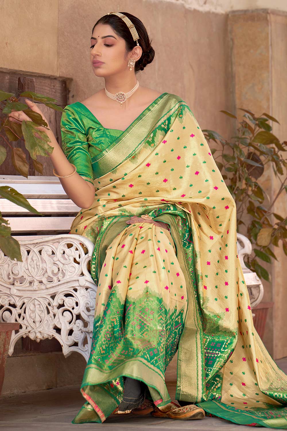 Buy Kanjivaram Art Silk Saree in Cream Online - Zoom In