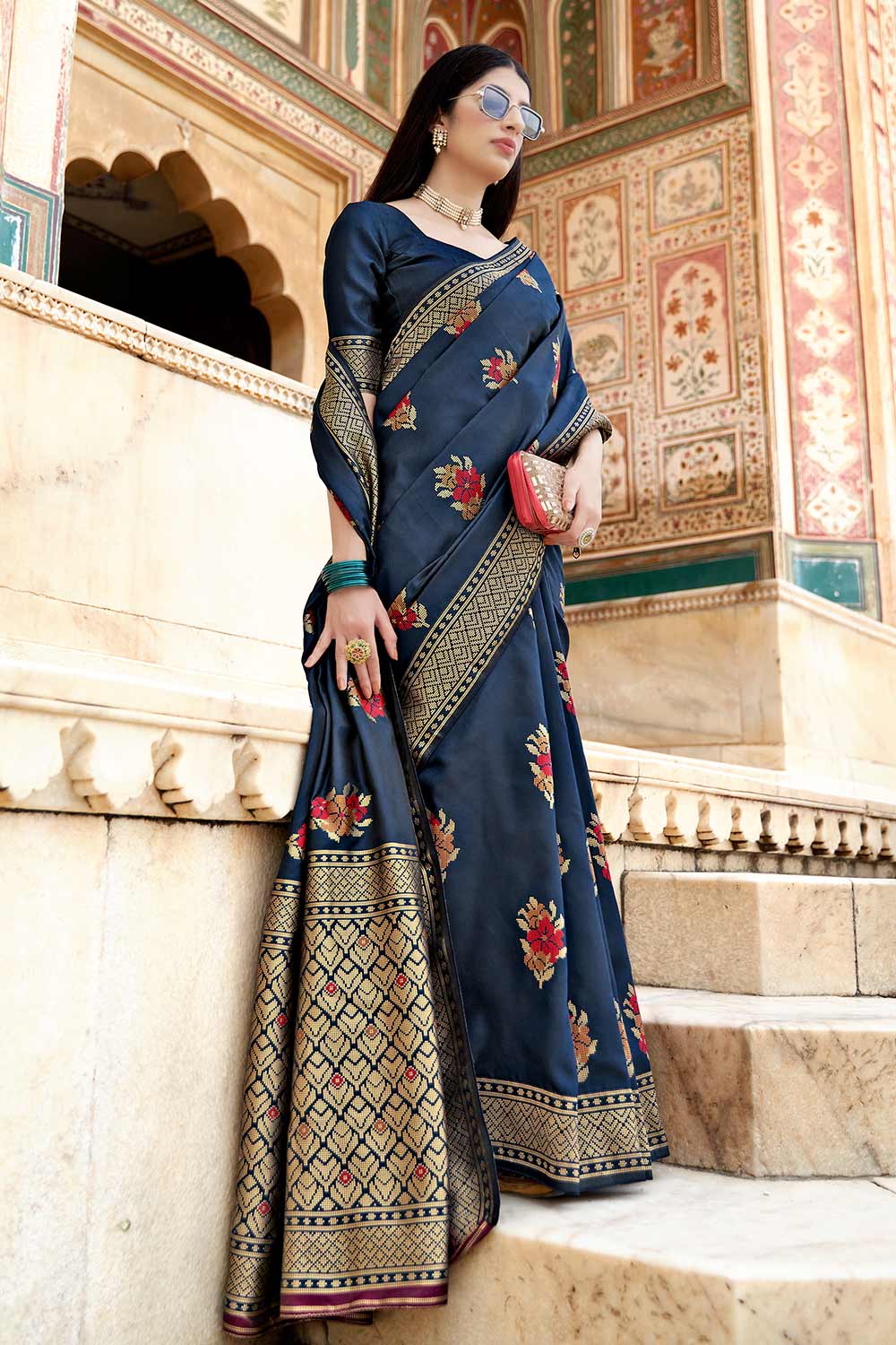 Buy Banarasi Art Silk Saree in Navy Blue Online