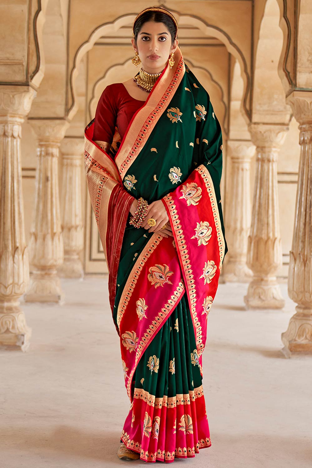 Buy Banarasi Art Silk Saree in Dark Green Online