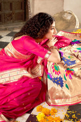 Buy Banarasi Art Silk Saree in Rani Pink Online - Side