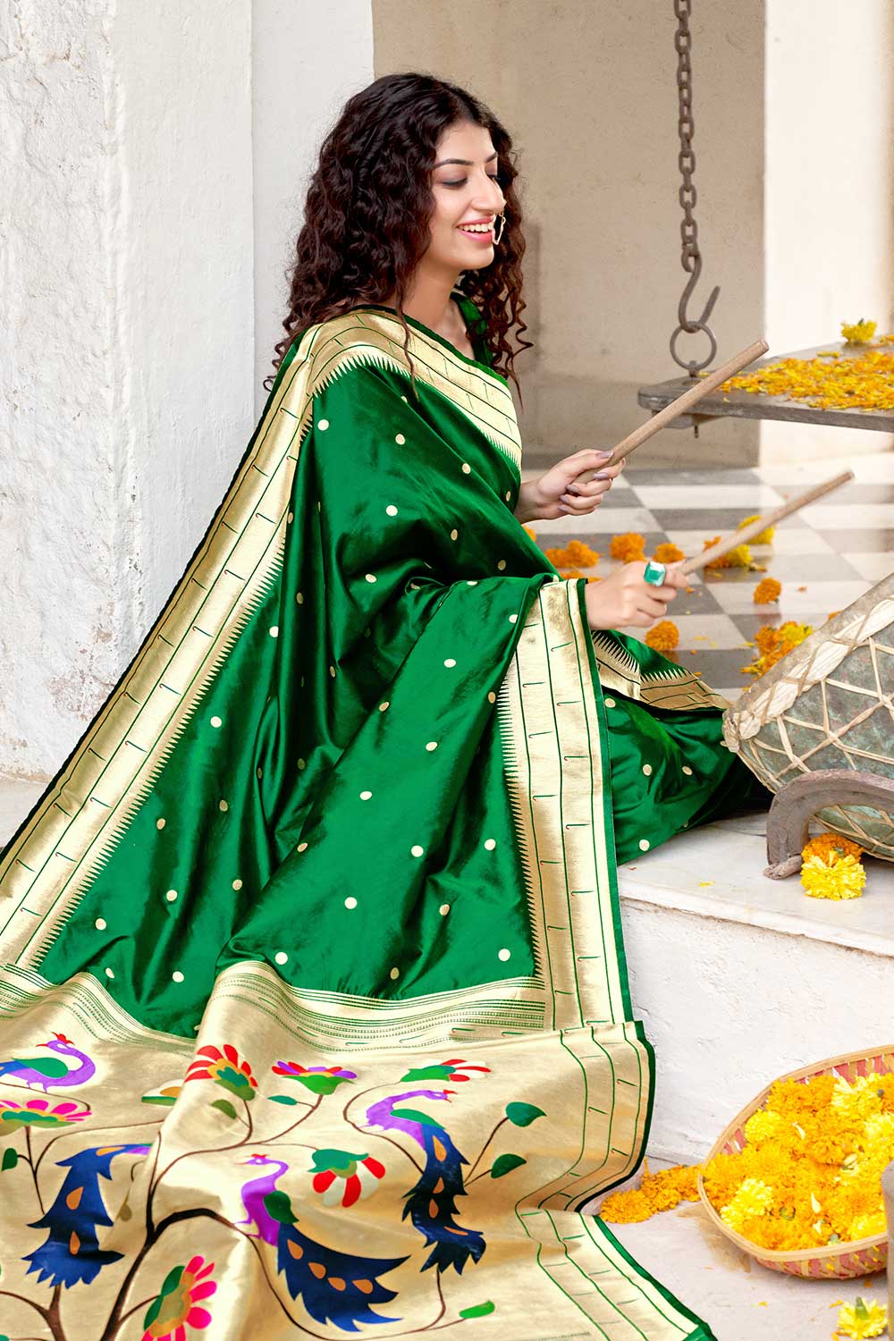 Buy Banarasi Art Silk Saree in  Dark Green Online - Side