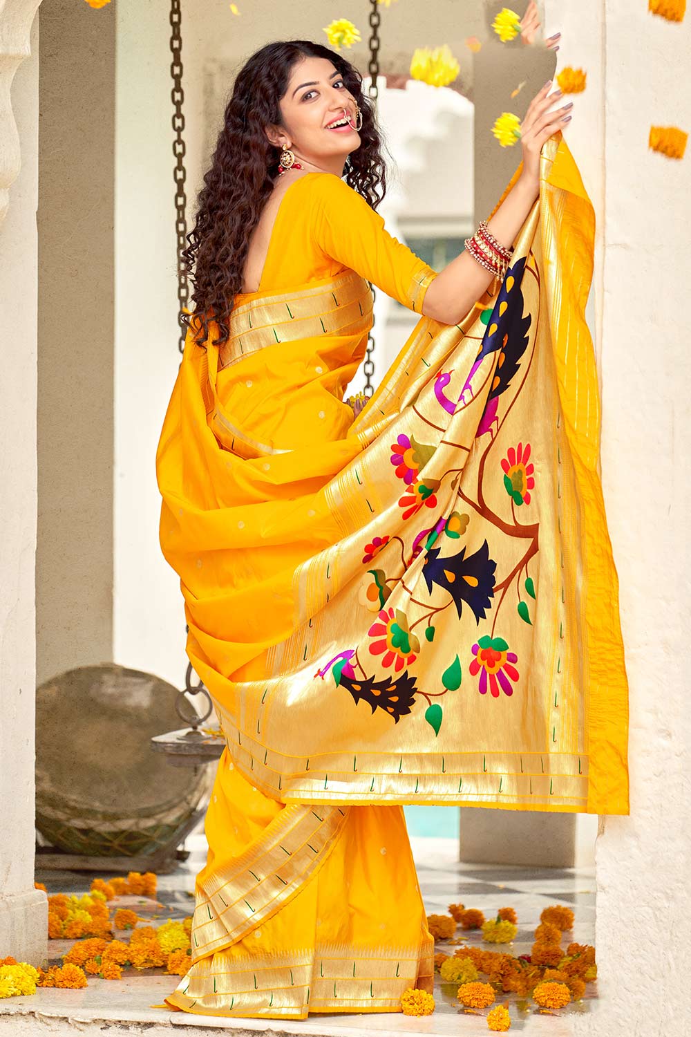 Buy Banarasi Art Silk Saree in Yellow Online