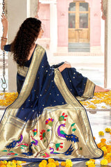 Buy Banarasi Art Silk Saree in Navy Blue Online - Back