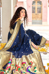 Buy Banarasi Art Silk Saree in Navy Blue Online - Front