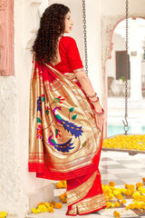 Buy Banarasi Art Silk Saree in Scarlet Red Online - Back
