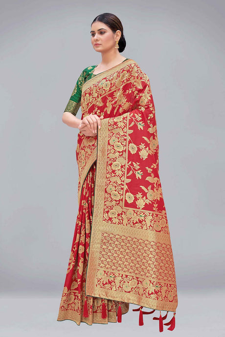 Red Floral Pattern Banarasi Silk Zari Woven Saree