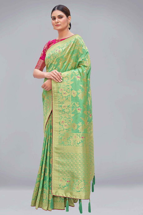 Light Green Floral Print Banarasi Silk Zari Woven Saree
