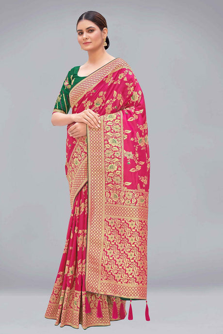 Rani Pink Zari Woven Banarasi Silk Saree