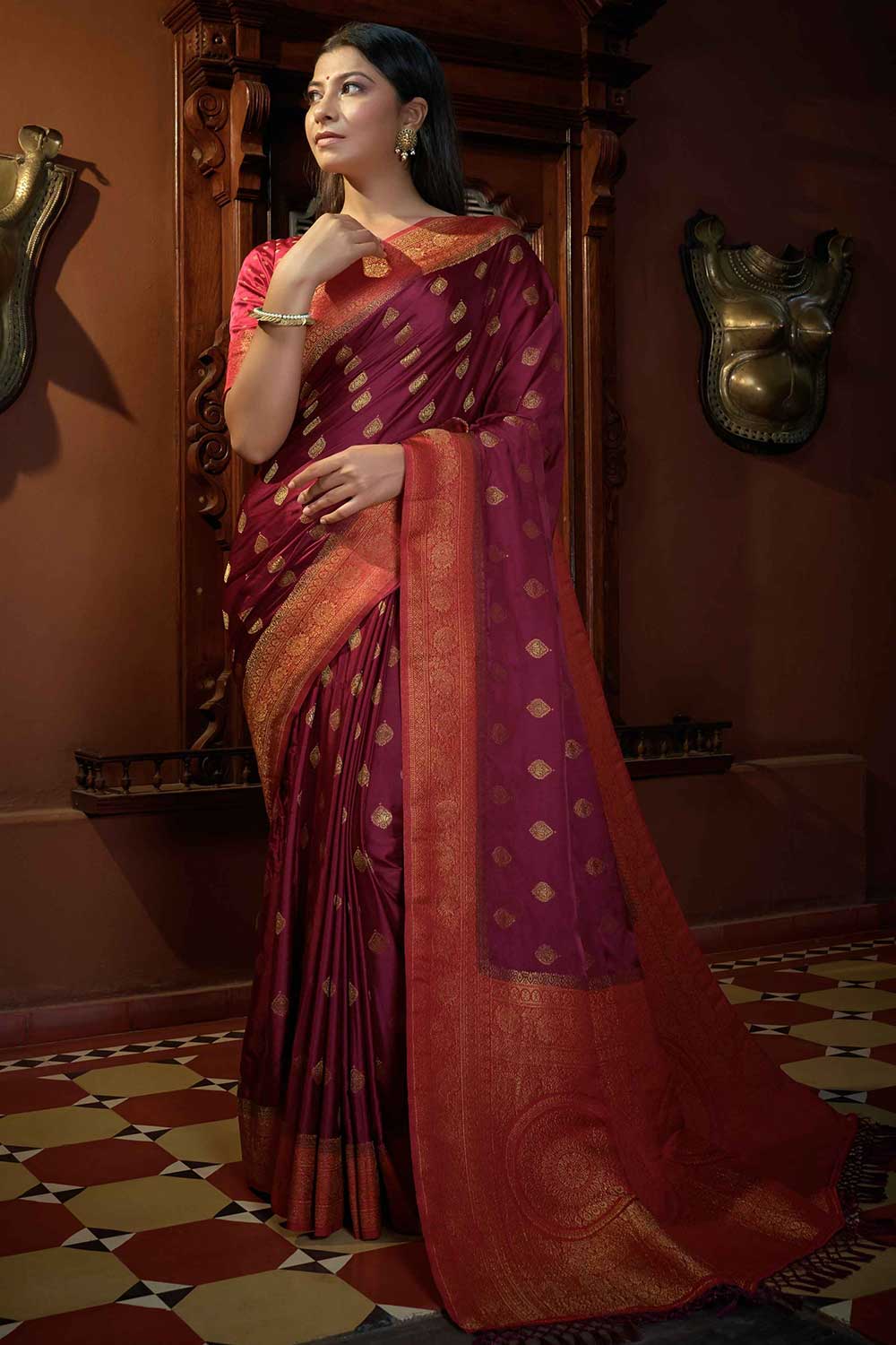 Purple Satin Silk Zari Saree