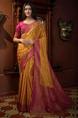 Mustard Satin Silk Zari Saree