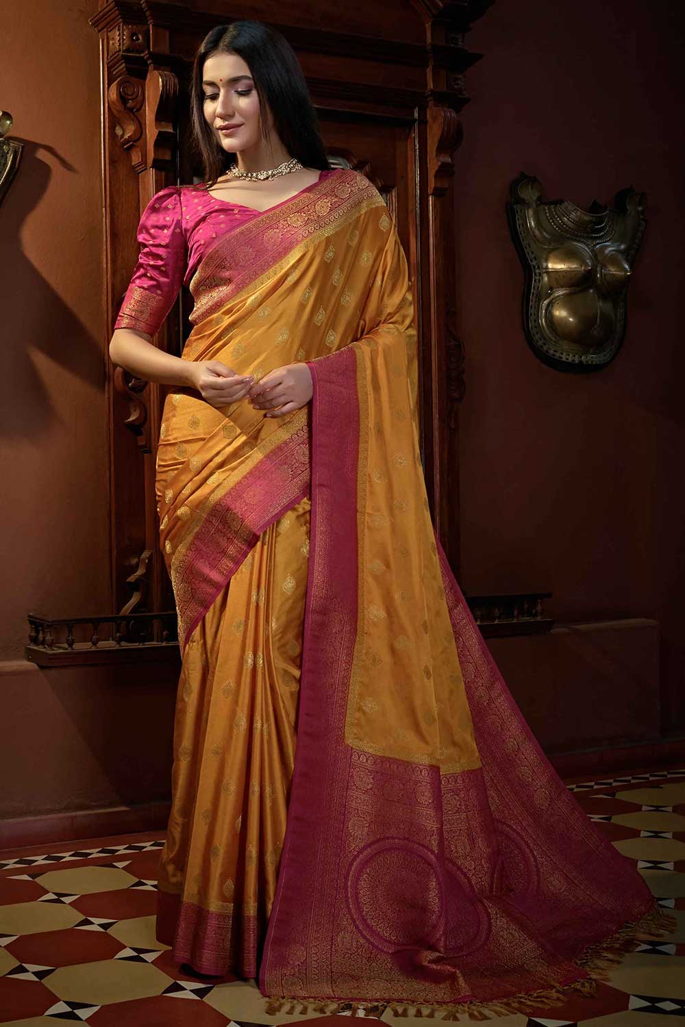 Mustard Satin Silk Zari Saree