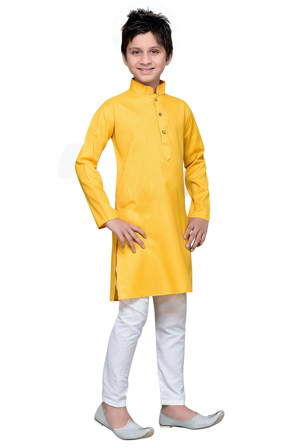 Boys Yellow Silk Solid Kurta Pajama Set
