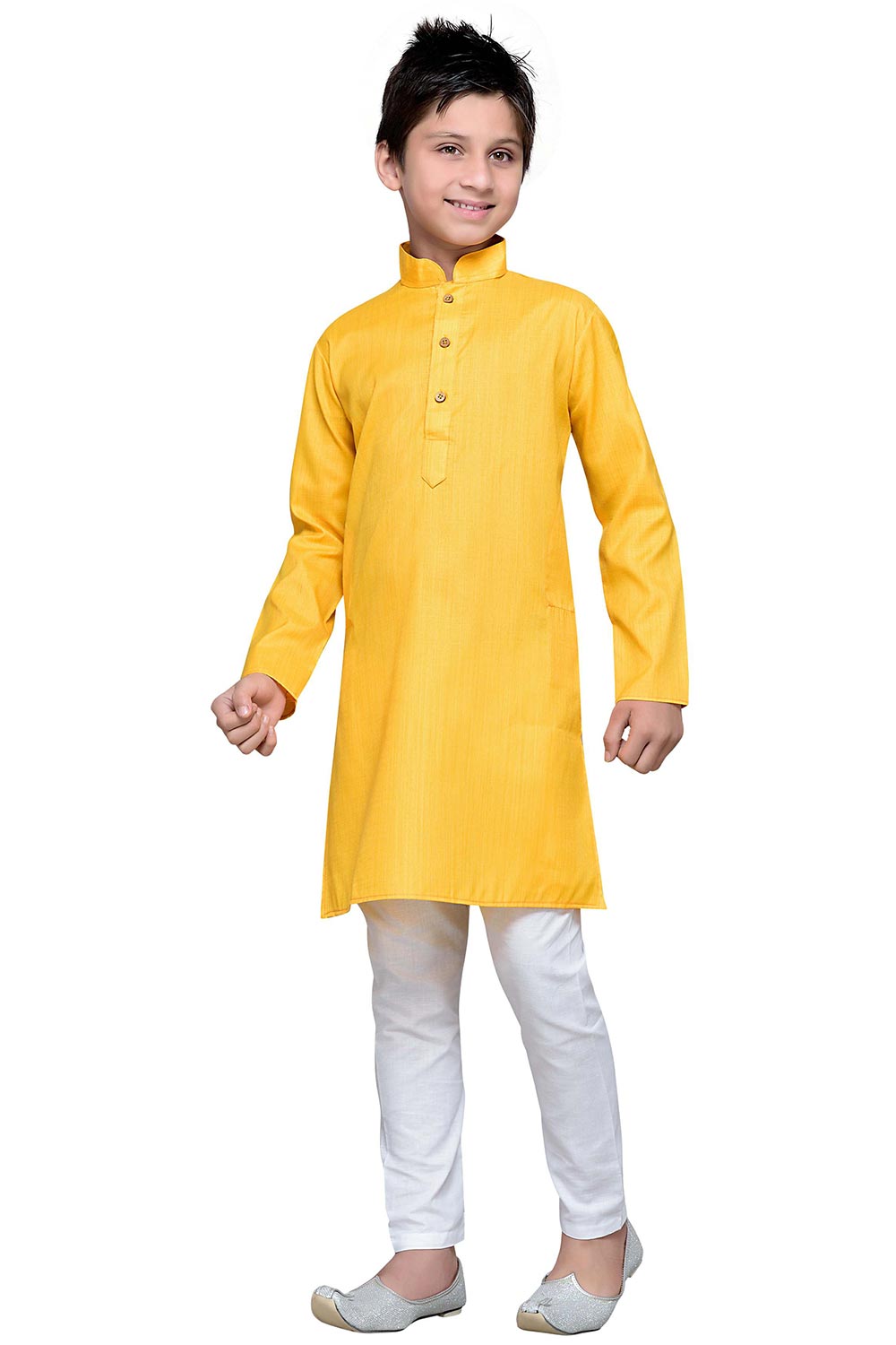 Boys Yellow Silk Solid Kurta Pajama Set