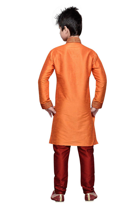 Boys Orange Silk Resham Thread Embroidered Kurta Pajama Set