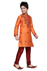 Boys Orange Silk Resham Thread Embroidered Kurta Pajama Set