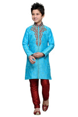 Boys Firoji Blue Silk Embroidered Embellished Kurta Pajama Set