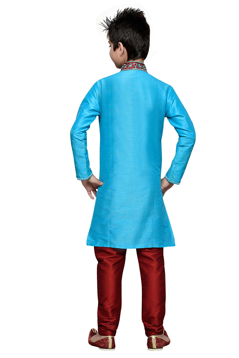 Boys Firoji Blue Silk Embroidered Embellished Kurta Pajama Set