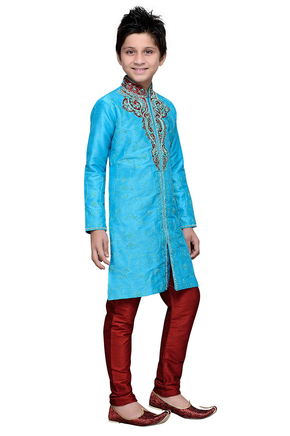 Boys Firoji Blue Silk Embroidered Embellished Kurta Pajama Set