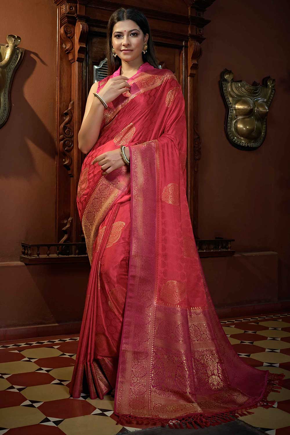 Red Satin Silk Zari Saree