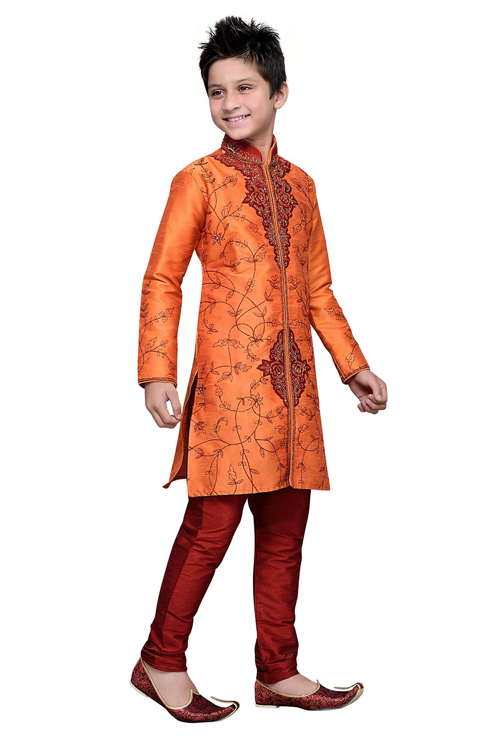 Boys Orange Silk Embroidered Emblished Kurta Pajama Set