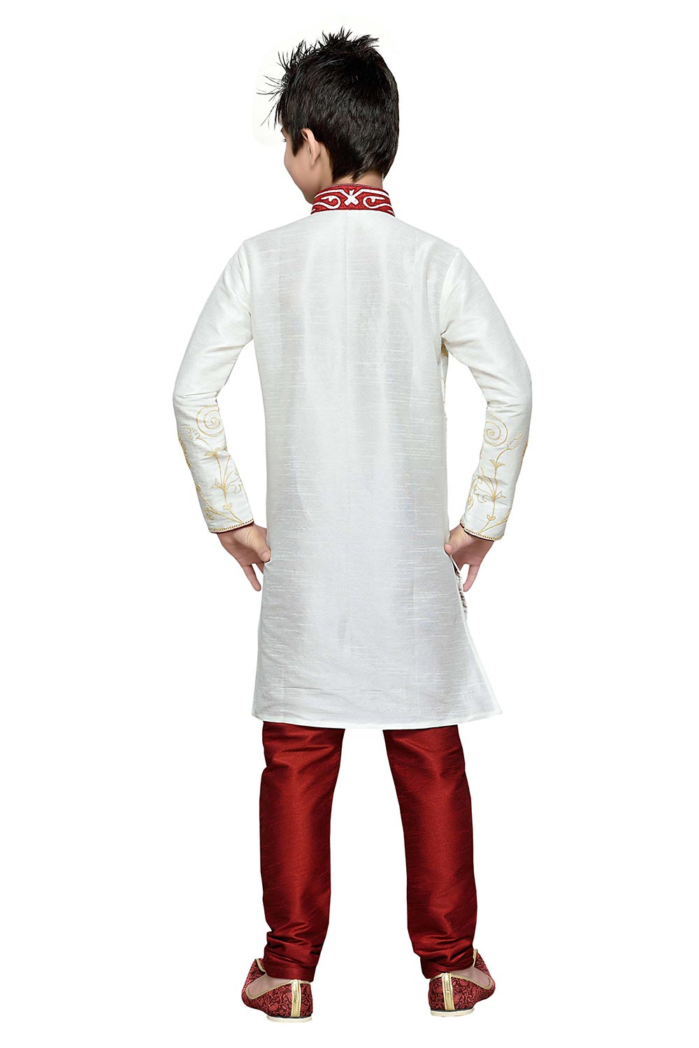 Boys Off White Silk Embroidered Emblished Kurta Pajama Set