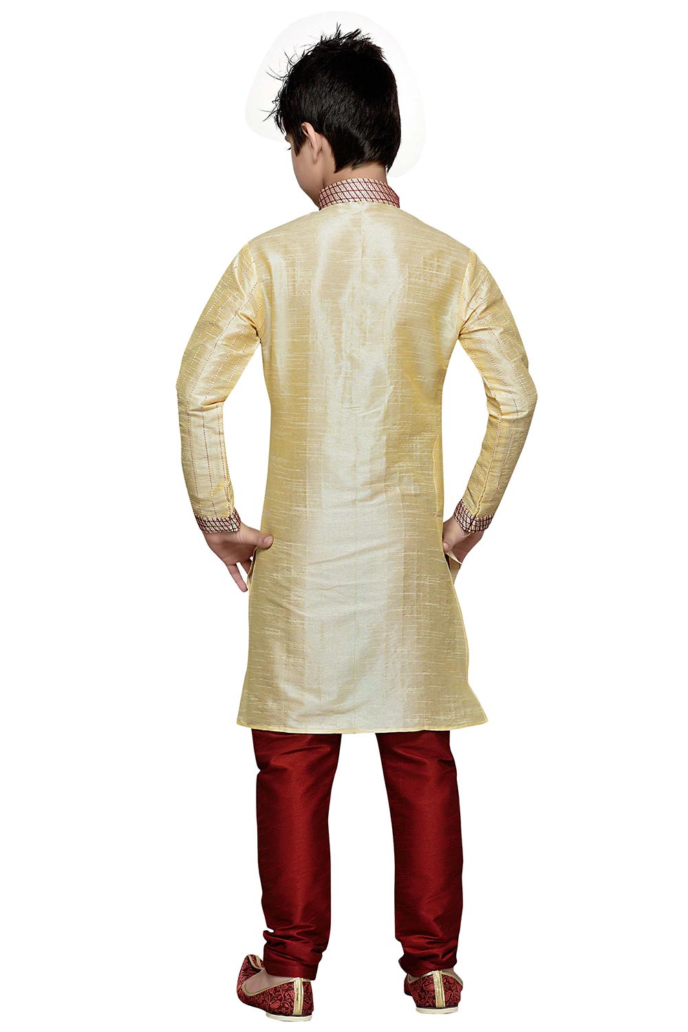 Boys Gold Silk Resham Thread Embroidered Kurta Pajama Set