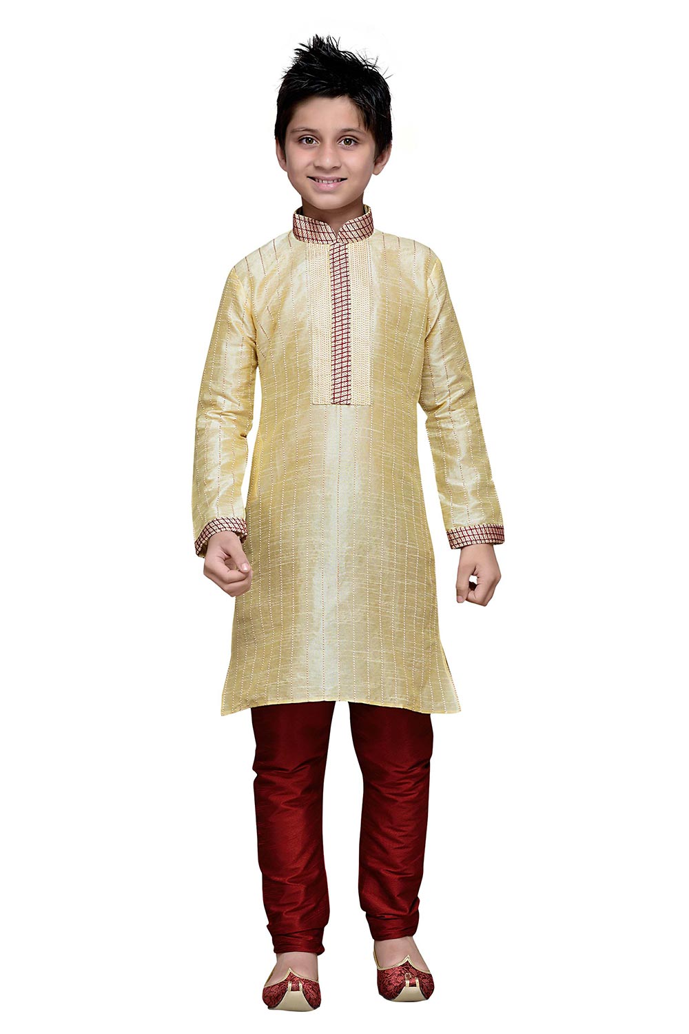 Boys Gold Silk Resham Thread Embroidered Kurta Pajama Set