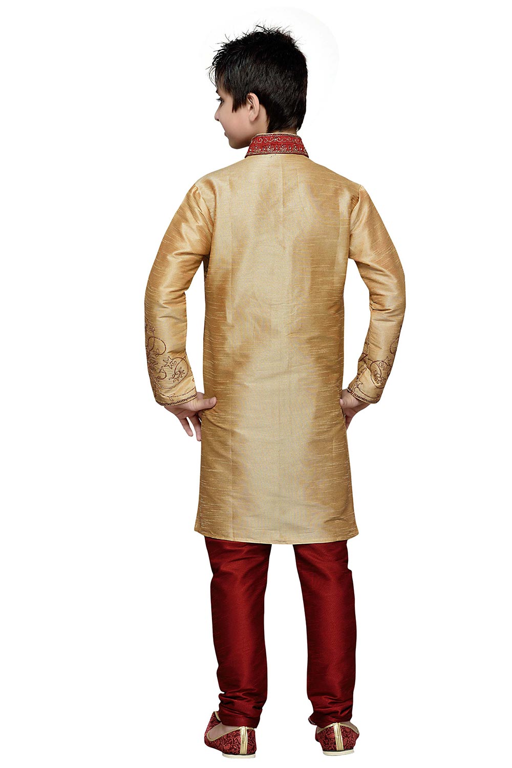 Boys Gold Silk Embroidered Embellished Kurta Pajama Set