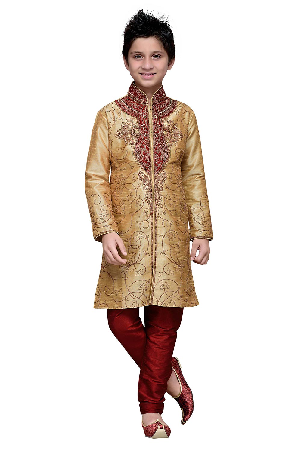 Boys Gold Silk Embroidered Embellished Kurta Pajama Set