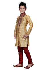 Boys Gold Silk Embroidered Embellished Kurta Pajama Set